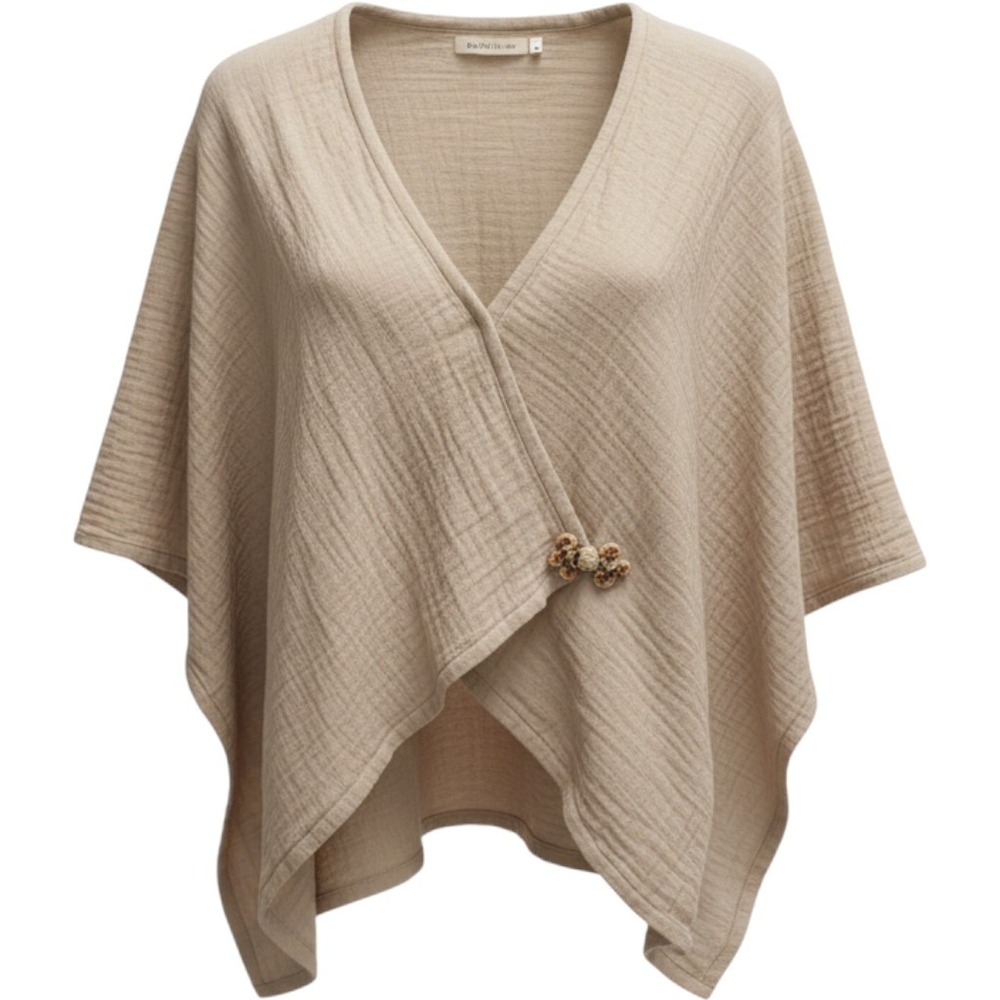 Soft Surroundings Cotton Gauze Wrap Top Beige Frog Closure One Size